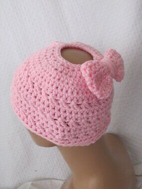 Handmade Bow Accent Pink Messy Bun Hat